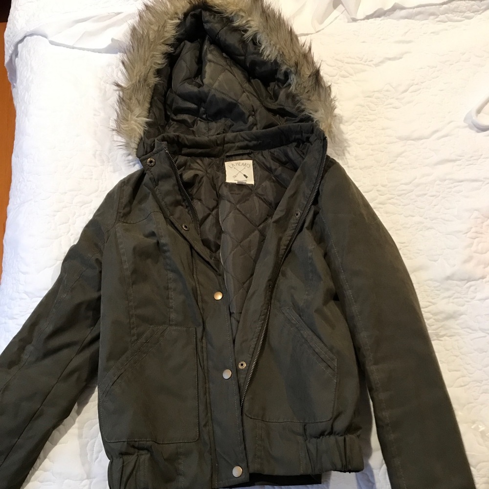 Army green jacket with furry hood